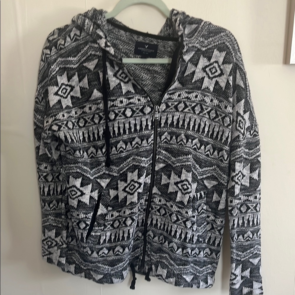 Black and White Patterned Zip-Up Hoodie